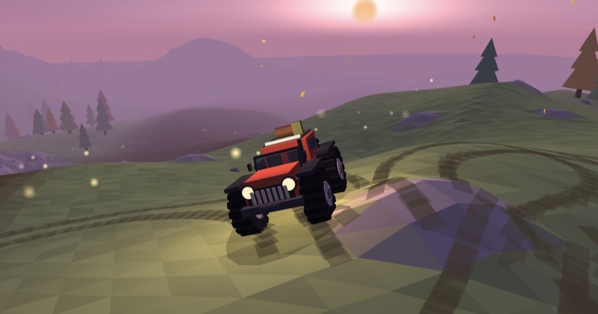 A red offroad jeep driving over low-poly hills at dusk in BlobDrive
